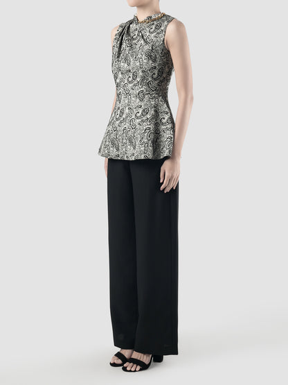 Black paisley jacquard sleeveless peplum top