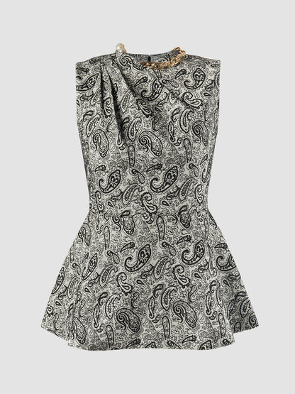 Black paisley jacquard sleeveless peplum top