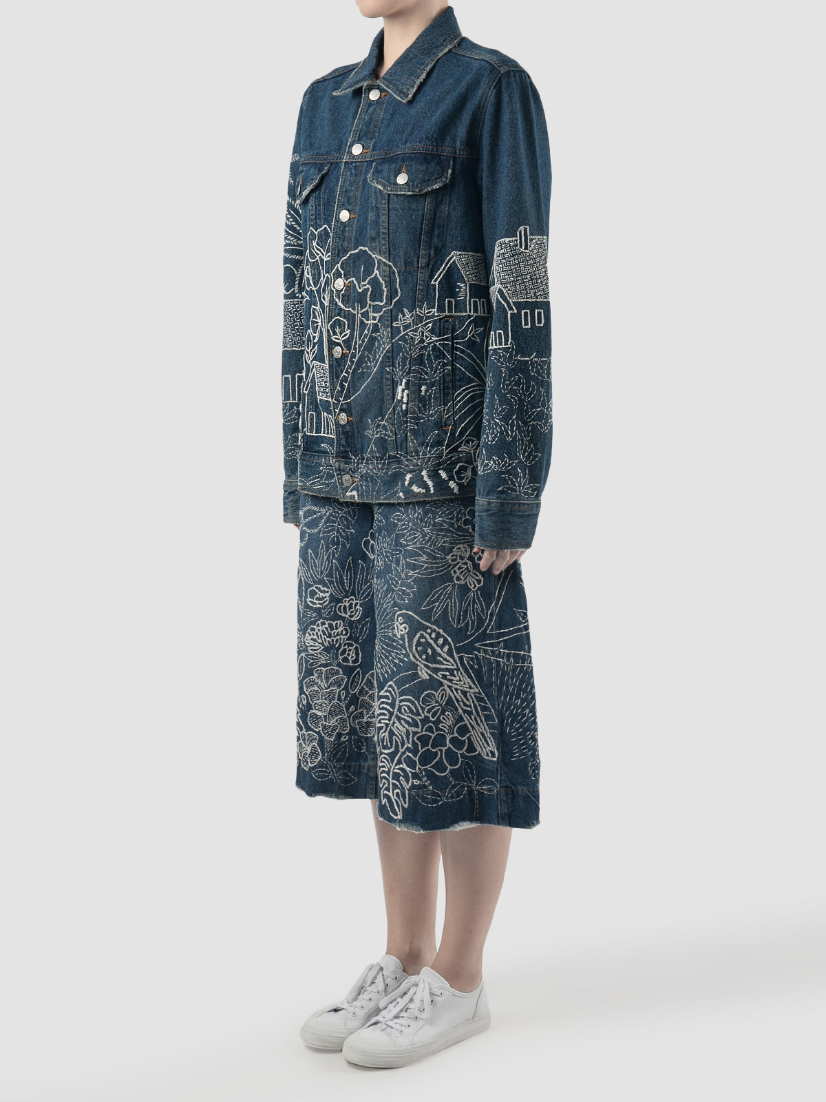 Blue sashiko embroidered washed denim jacket