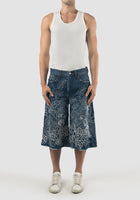 Blue sashiko embroidered washed denim Bermuda pants