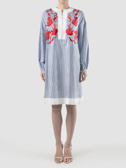 Blue Ixora midi dress with red embroidery