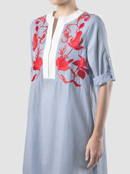 Blue Ixora midi dress with red embroidery