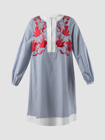 Blue Ixora midi dress with red embroidery