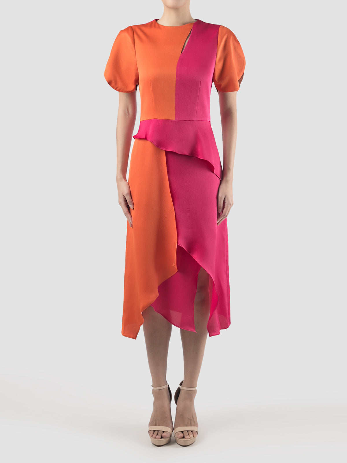 Fuschia-orange Prism two-toned puffed-sleeved midi dress
