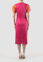 Fuschia-orange Prism two-toned puffed-sleeved midi dress