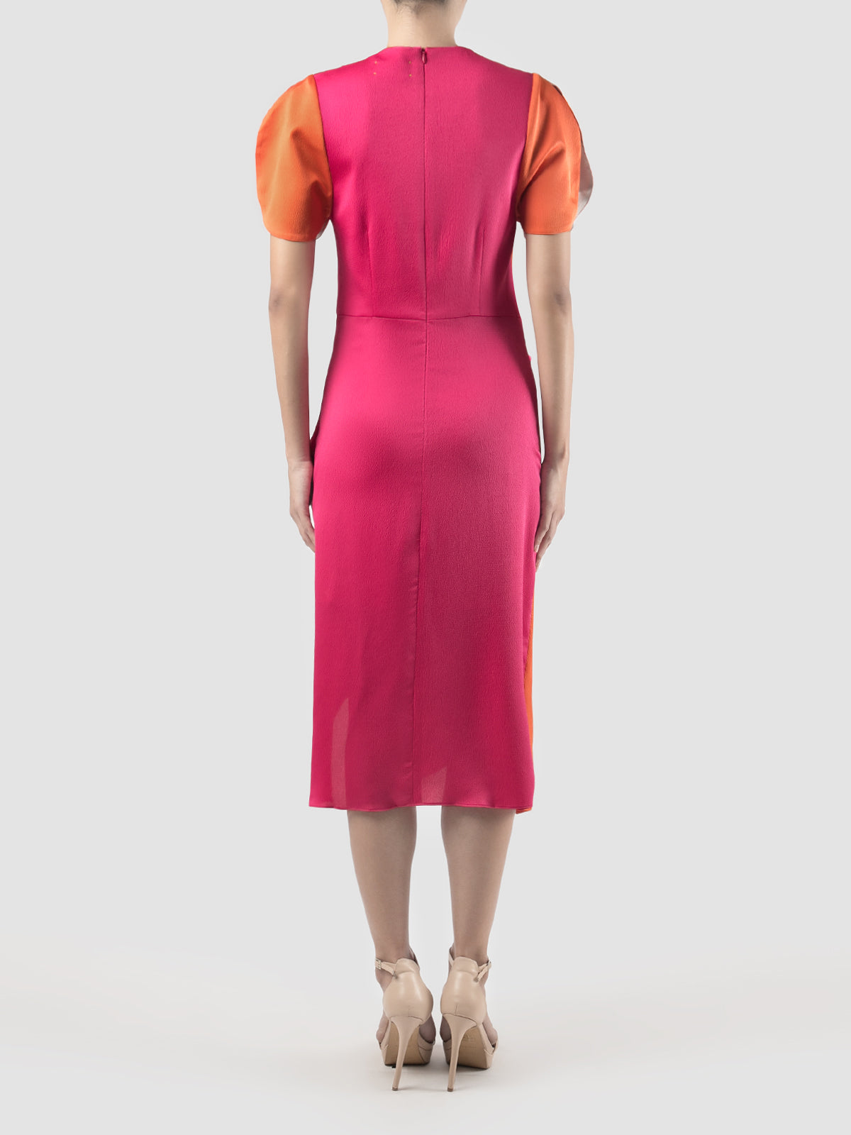 Fuschia-orange Prism two-toned puffed-sleeved midi dress