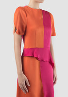 Fuschia-orange Prism two-toned puffed-sleeved midi dress