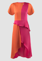 Fuschia-orange Prism two-toned puffed-sleeved midi dress