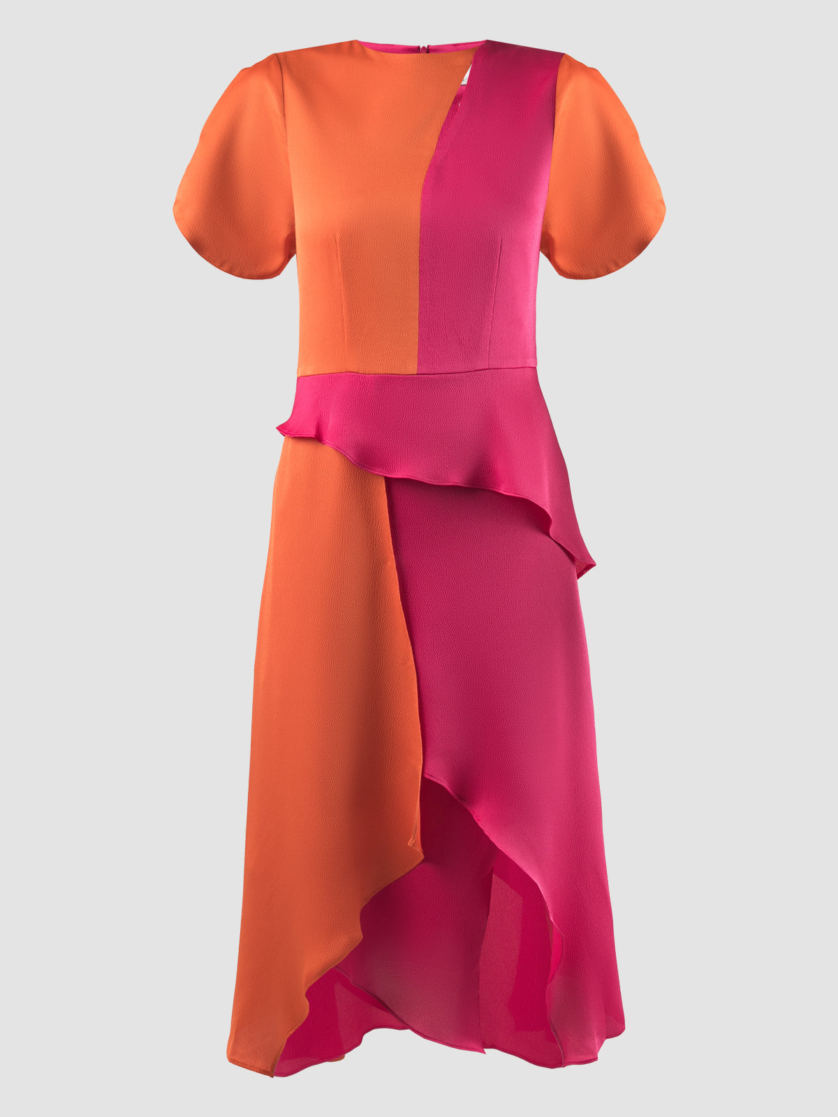 Fuschia-orange Prism two-toned puffed-sleeved midi dress