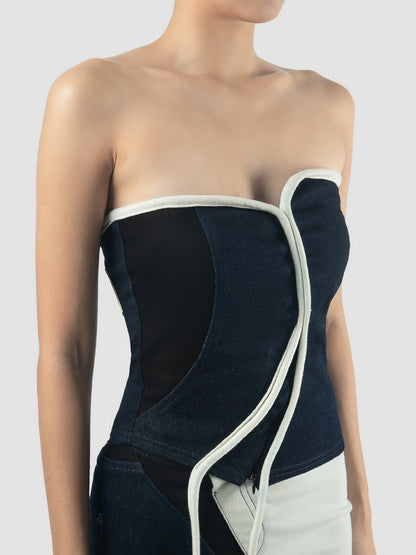 Black-white Woven Triple Denim Corset