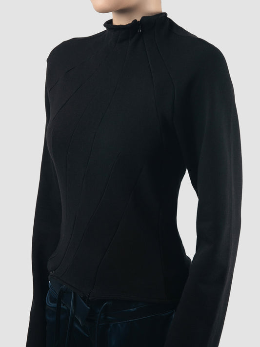 Black Multiline Zip knitted crewneck