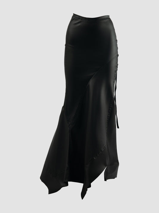 Black Woven Coated Asymmetric Maxi Skirt