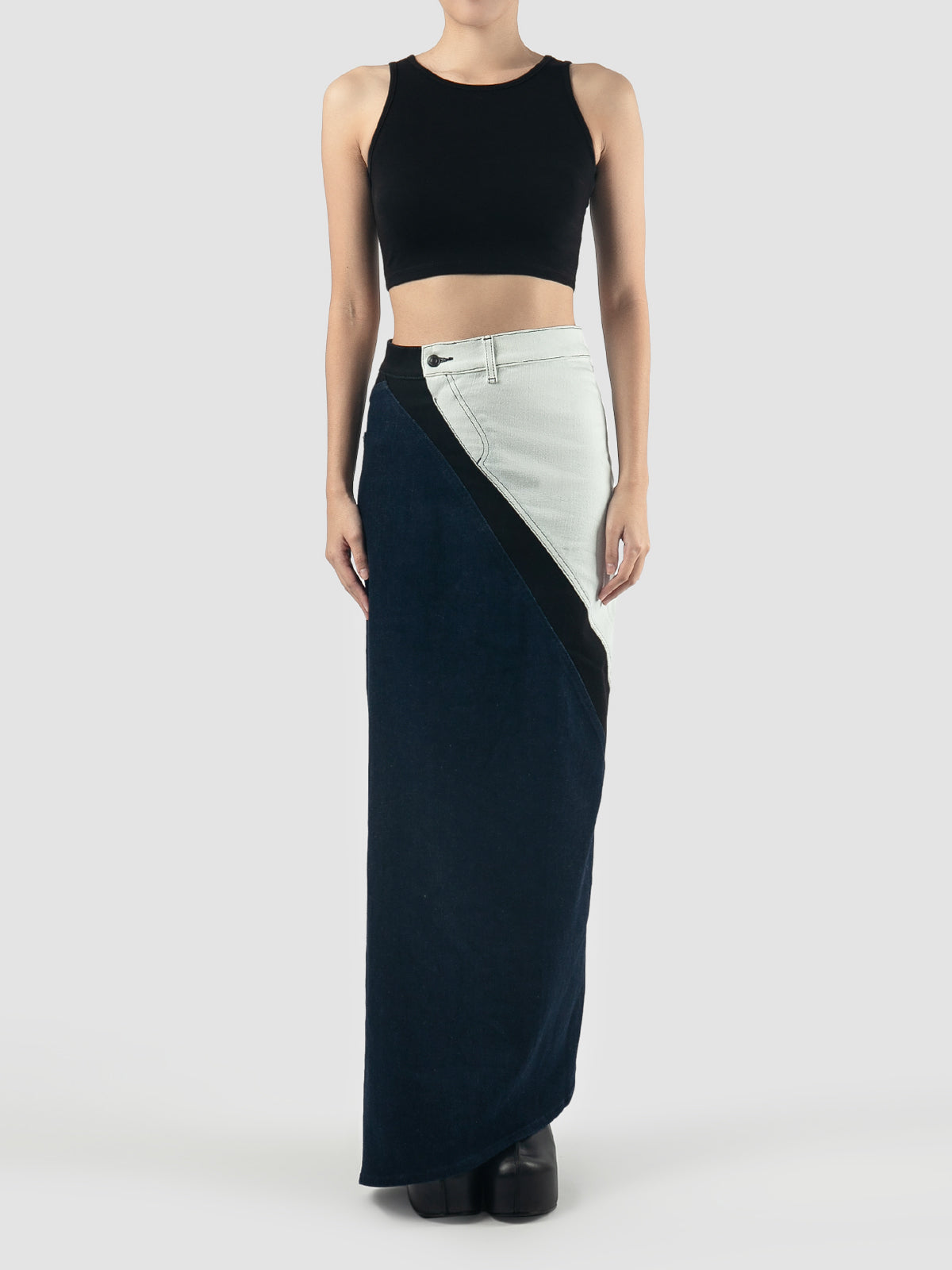 Black-white woven triple denim skirt