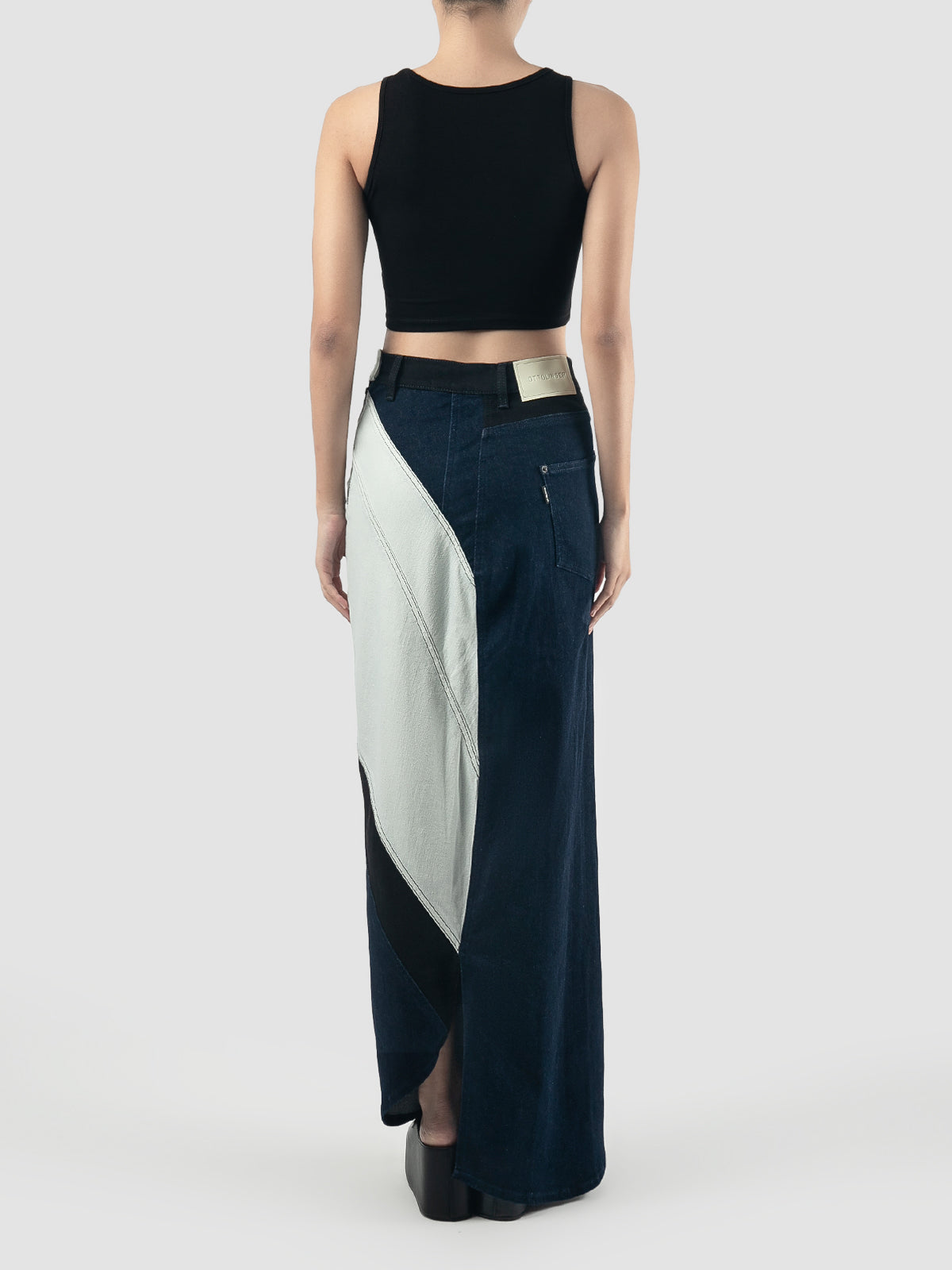 Black-white woven triple denim skirt