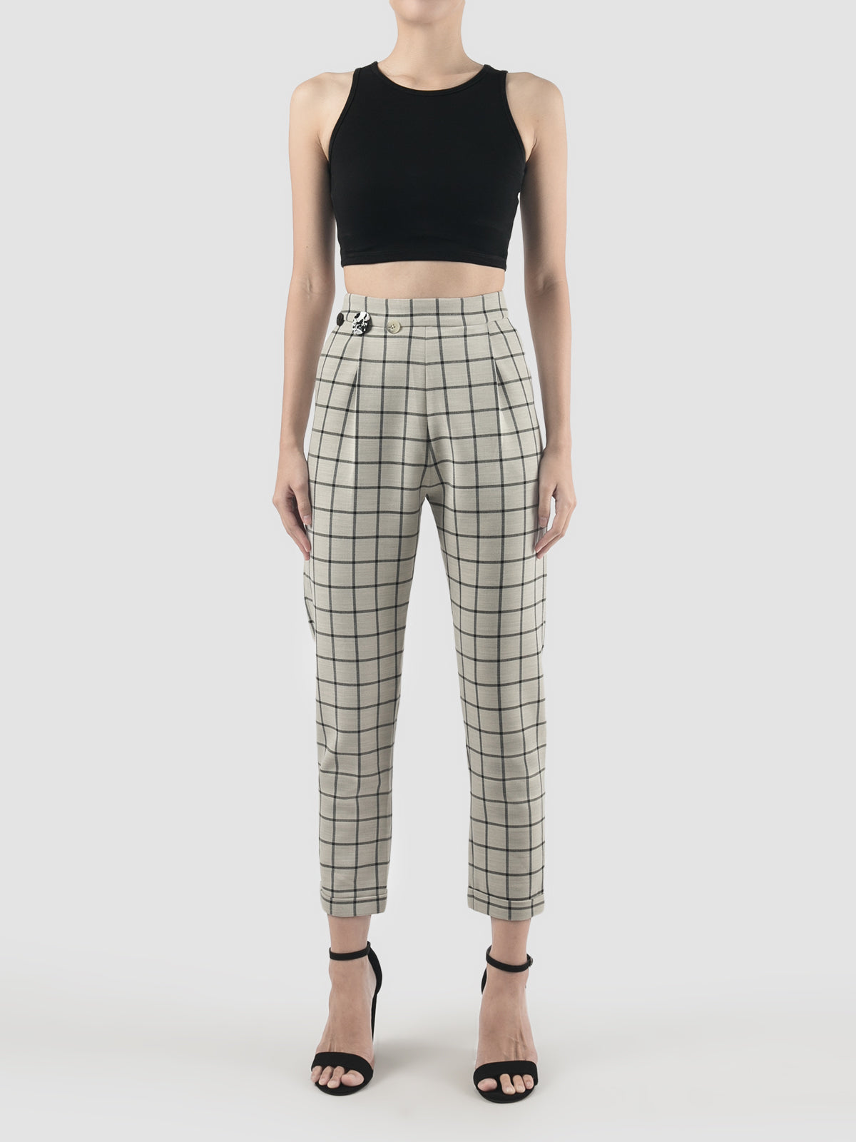 White Hoopoe pants with black graph pattern