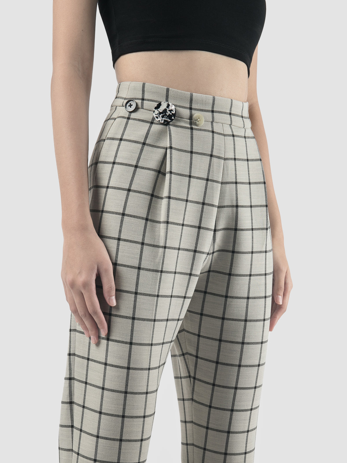 White Hoopoe pants with black graph pattern