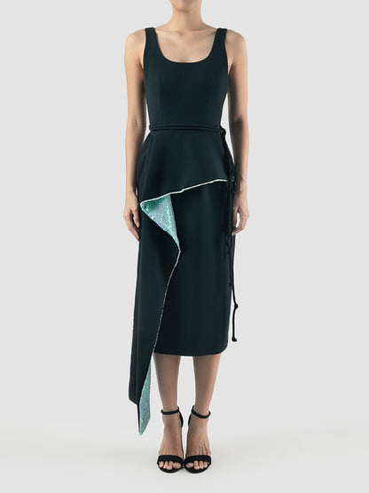 Dark teal Kingdom midi dress with iridescent platinum contrast