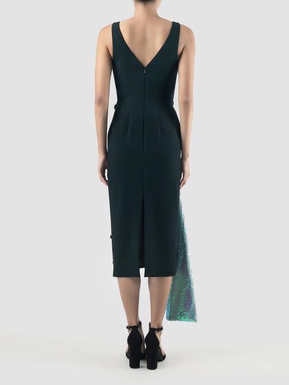 Dark teal Kingdom midi dress with iridescent platinum contrast