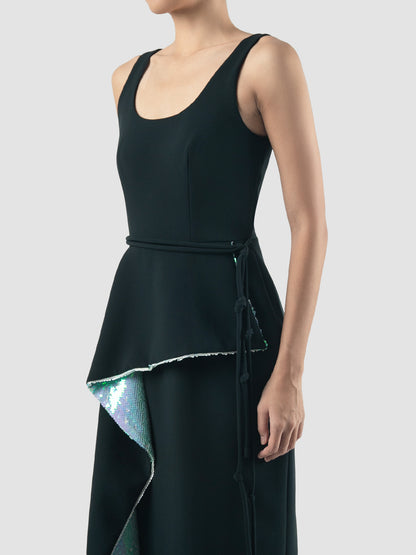 Dark teal Kingdom midi dress with iridescent platinum contrast