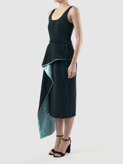 Dark teal Kingdom midi dress with iridescent platinum contrast