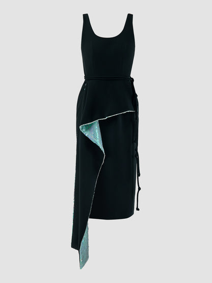 Dark teal Kingdom midi dress with iridescent platinum contrast