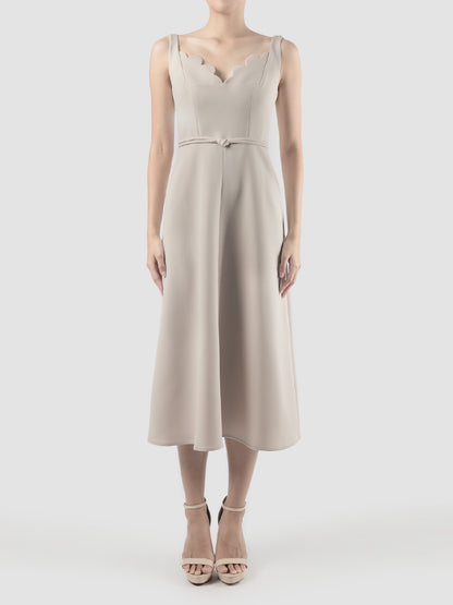 Melody cream white midi dress with scalloped neckline