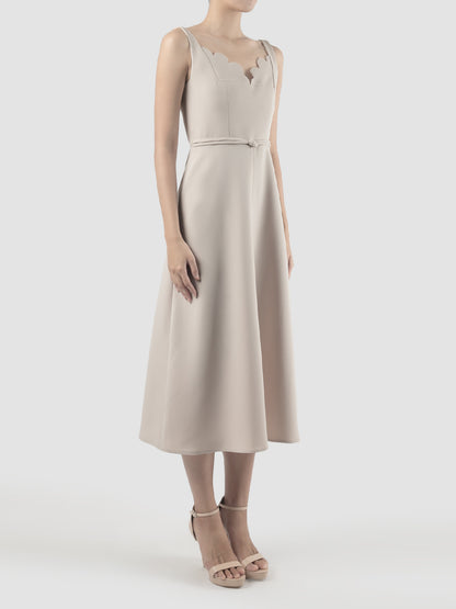 Melody cream white midi dress with scalloped neckline