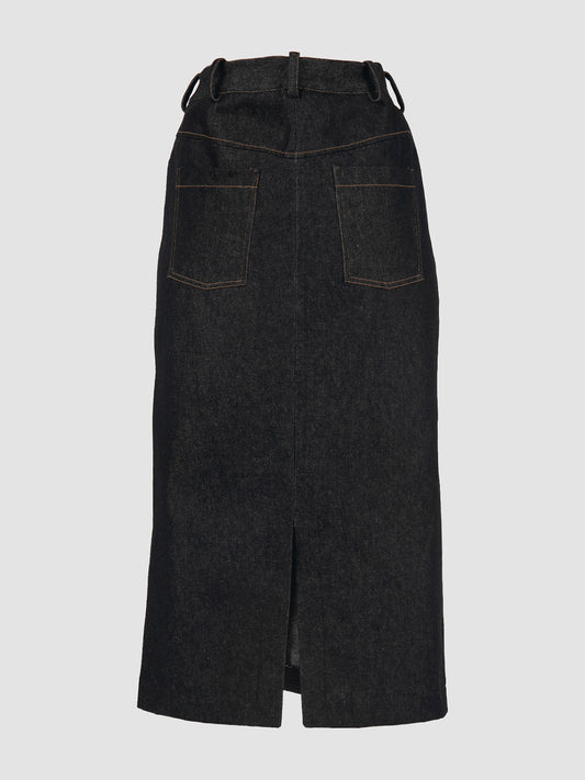 Cut Out Slit Denim Skirt in Dark Denim