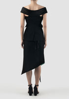 Black tailored tube top with deconstructed lapelle shoulder