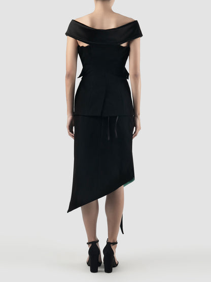 Black tailored tube top with deconstructed lapelle shoulder