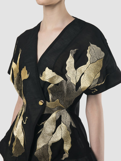 Black transparent signature kimono with gold embroidery