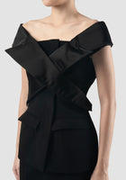 Black tailored tube top with deconstructed lapelle shoulder