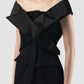 Black tailored tube top with deconstructed lapelle shoulder