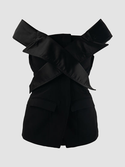 Black tailored tube top with deconstructed lapelle shoulder