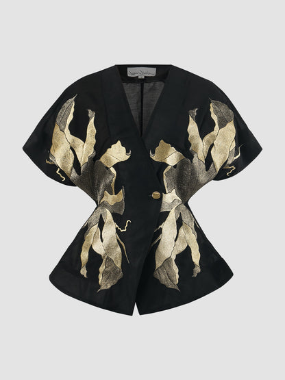 Black transparent signature kimono with gold embroidery