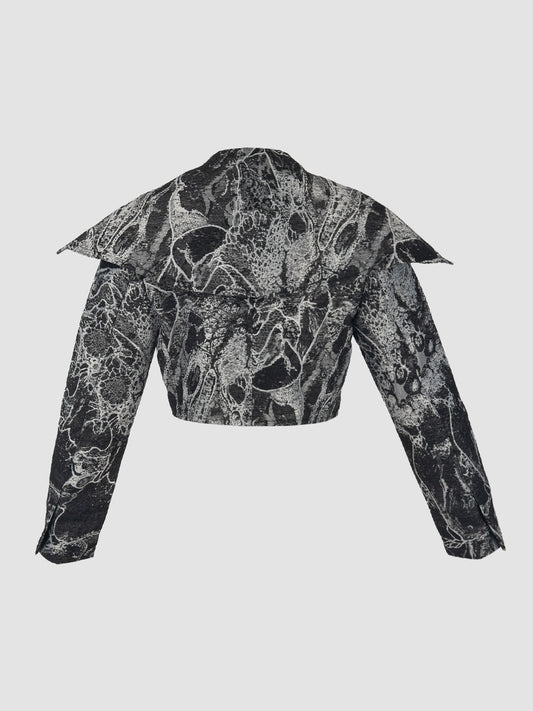 Cropped Abstract Jacquard Jacket with Unfinished Hem in Grey