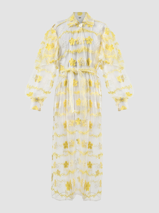 Yelda white oversized long coat with yellow embroidery