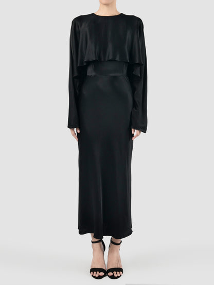 Black satin long-sleeved caped midi dress