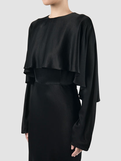 Black satin long-sleeved caped midi dress