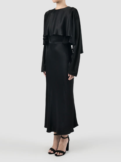 Black satin long-sleeved caped midi dress