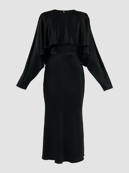 Black satin long-sleeved caped midi dress