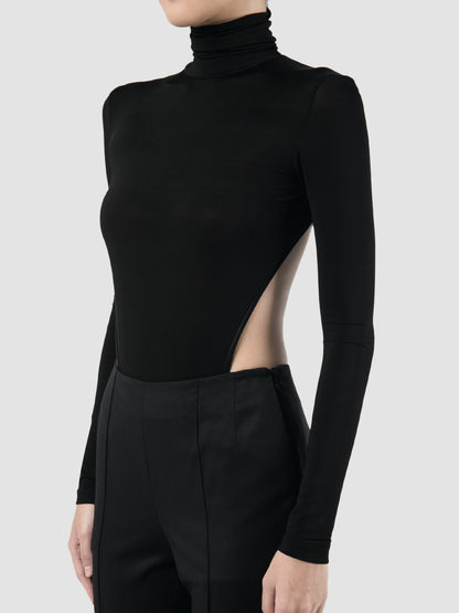 Black jersey turtleneck open back bodysuit