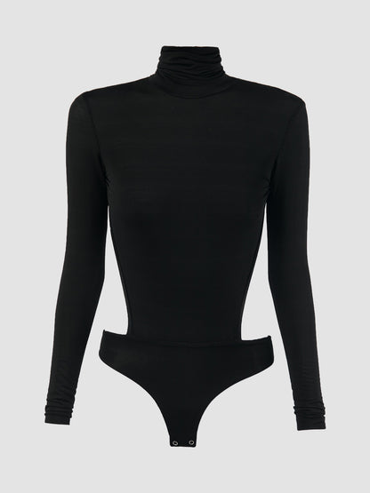 Black jersey turtleneck open back bodysuit