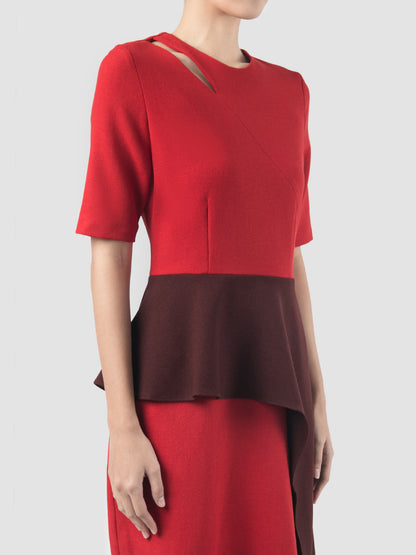 Coty red dress with contrasting burnt maroon peplum