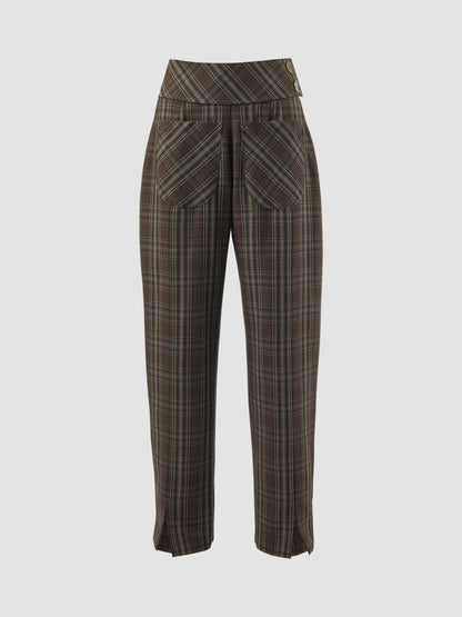 Petal brown check-patterned pants