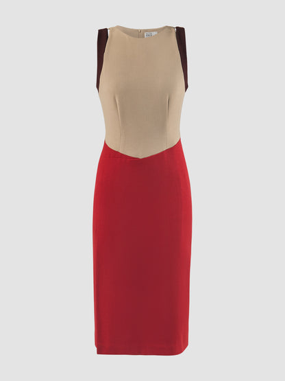 Cyan two-toned red-cream midi dress