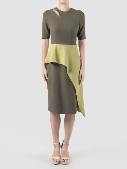 Coty beluga grey dress with contrasting lime green peplum