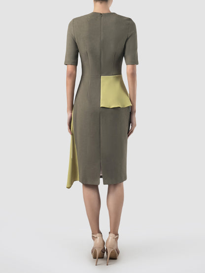 Coty beluga grey dress with contrasting lime green peplum