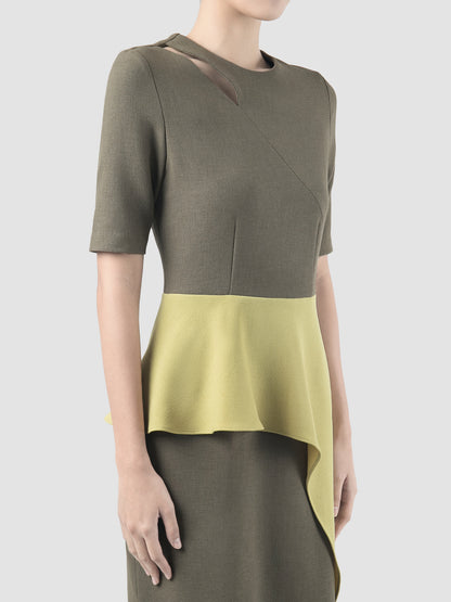 Coty beluga grey dress with contrasting lime green peplum