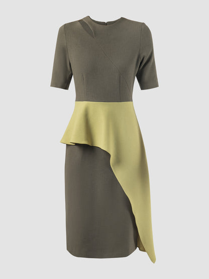 Coty beluga grey dress with contrasting lime green peplum